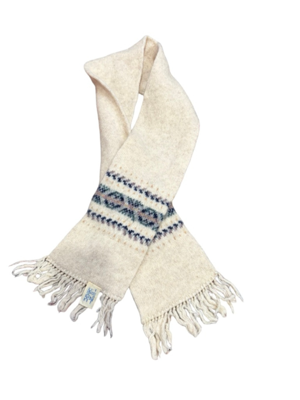 Vintage Hansen Scotland Pure Wool Fair Isle Knit Scarf Cream Fringe Cozy Winter